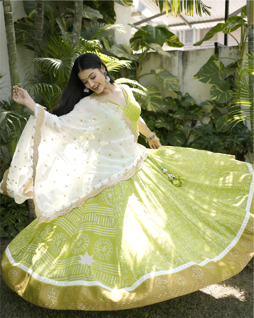 Lime Green Chaniya Choli Set With White Mirrorwork Dupatta