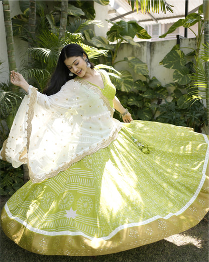 Lime Green Chaniya Choli Set With White Mirrorwork Dupatta