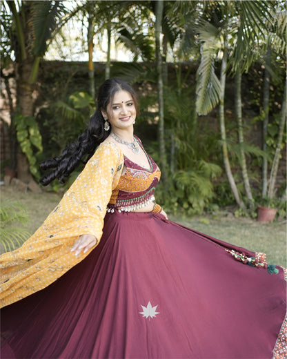 Maroon Cotton Chaniya Choli With Yellow Bandhani Dupatta