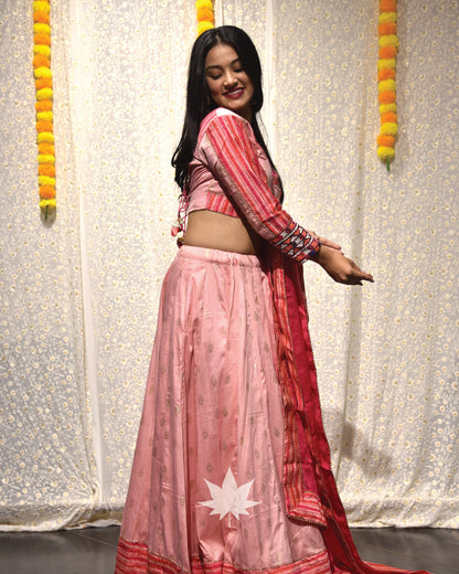 Pink Chaniya With Full Sleeve Blouse And Pink Dupatta Set