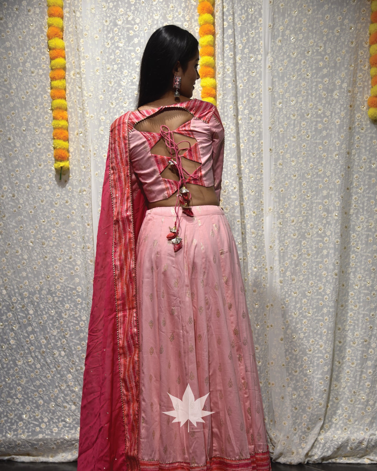 Pink Chaniya With Full Sleeve Blouse And Pink Dupatta Set