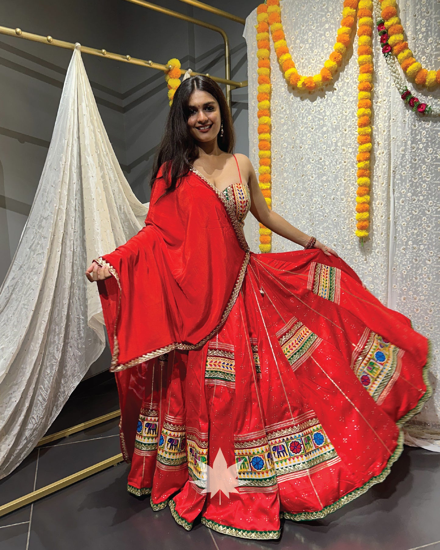 Red Patchwork Chaniya With Golden  Blouse And  Dupatta Set