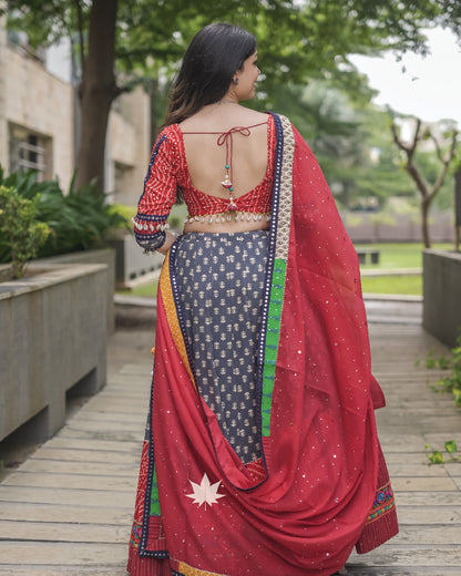 Grey chaniya with mustard and red patchwork choli and dupatta set