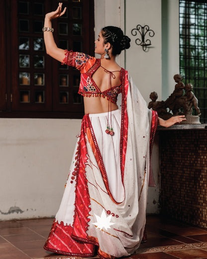 White Patchwork And Bandhani Chaniya Choli Set