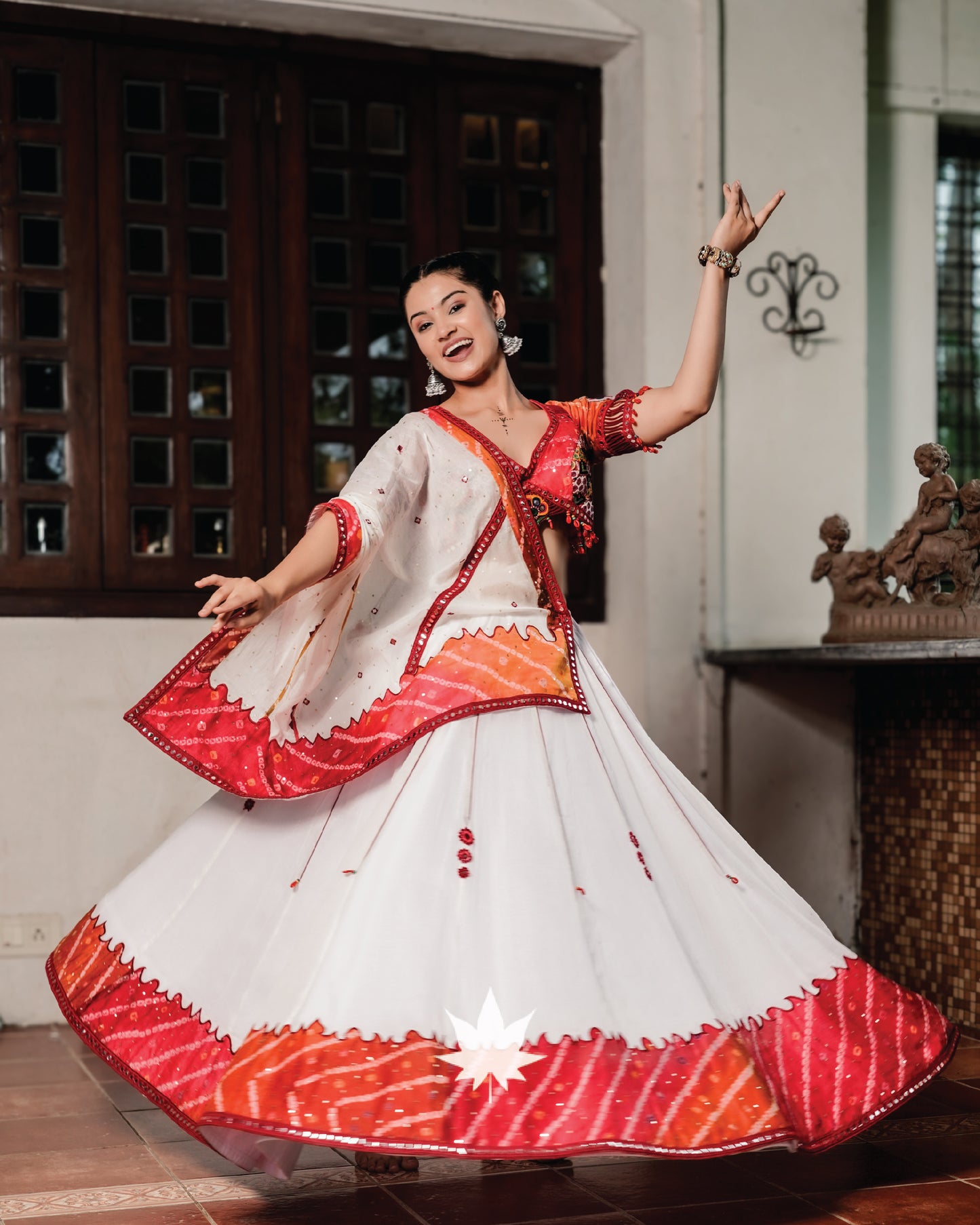 White Patchwork And Bandhani Chaniya Choli Set