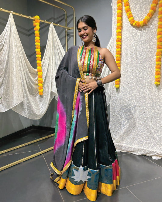 Black Chaniya With Golden Blouse And Tie Dye Dupatta Set