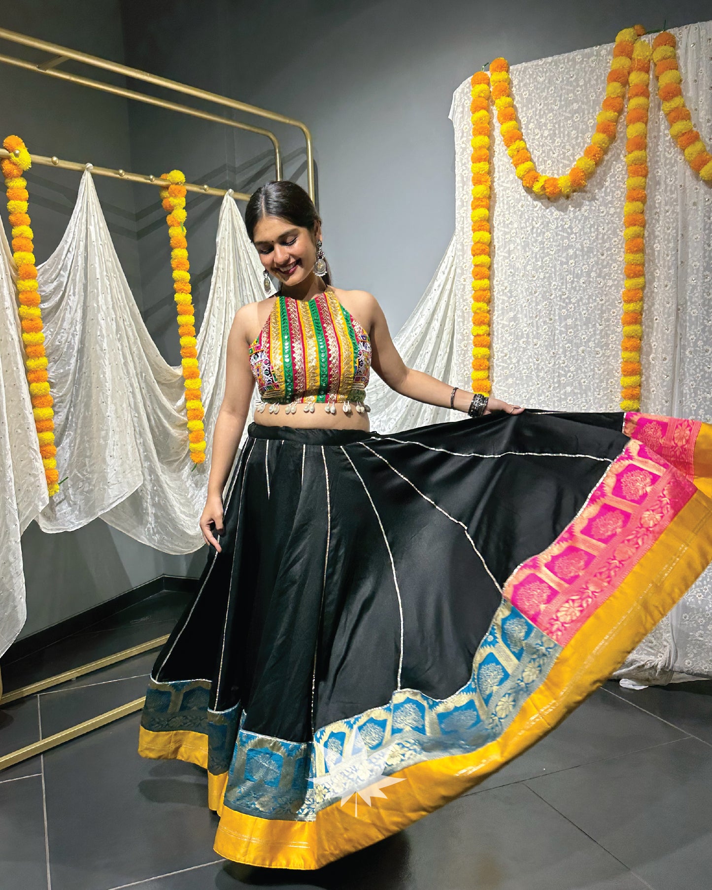 Black Chaniya With Golden Blouse And Tie Dye Dupatta Set