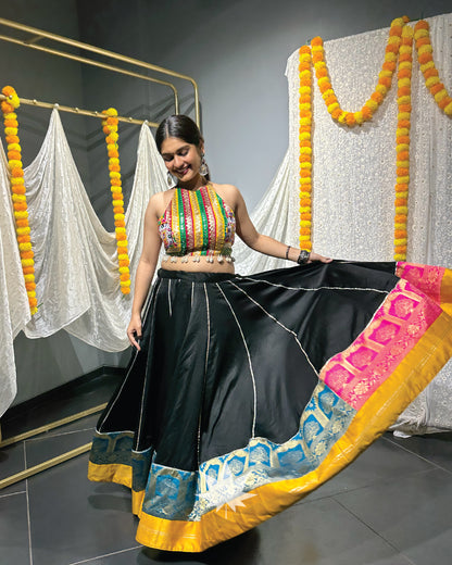 Black Chaniya With Golden Blouse And Tie Dye Dupatta Set