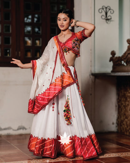 White Patchwork And Bandhani Chaniya Choli Set