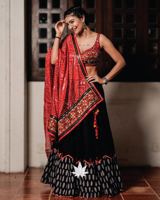 Red And Black Patchwork Chaniya Choli Set