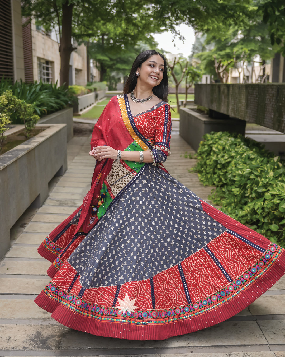 Grey chaniya with mustard and red patchwork choli and dupatta set