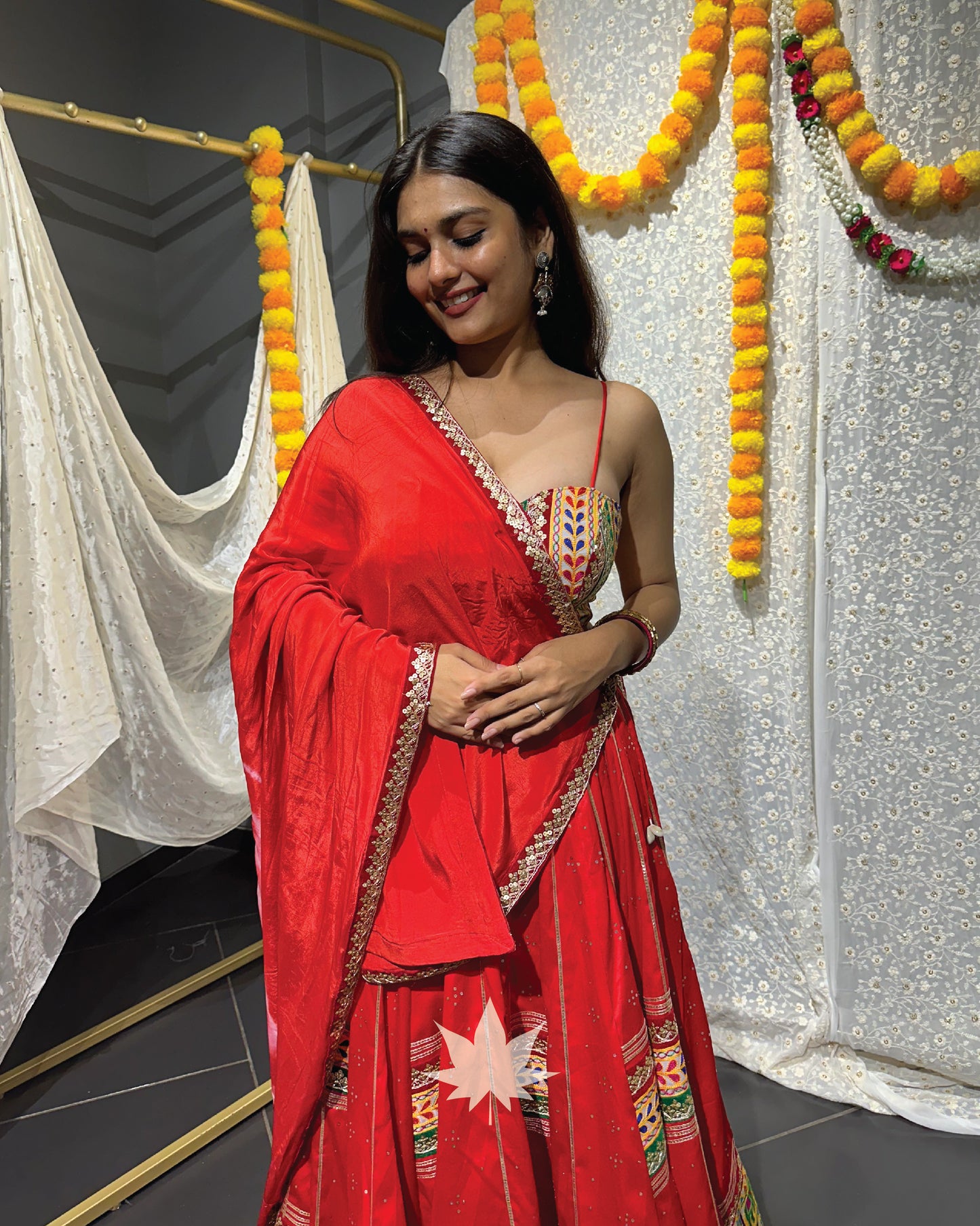 Red Patchwork Chaniya With Golden  Blouse And  Dupatta Set