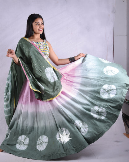 Green And Pink Tie Dye Chaniya Choli Set