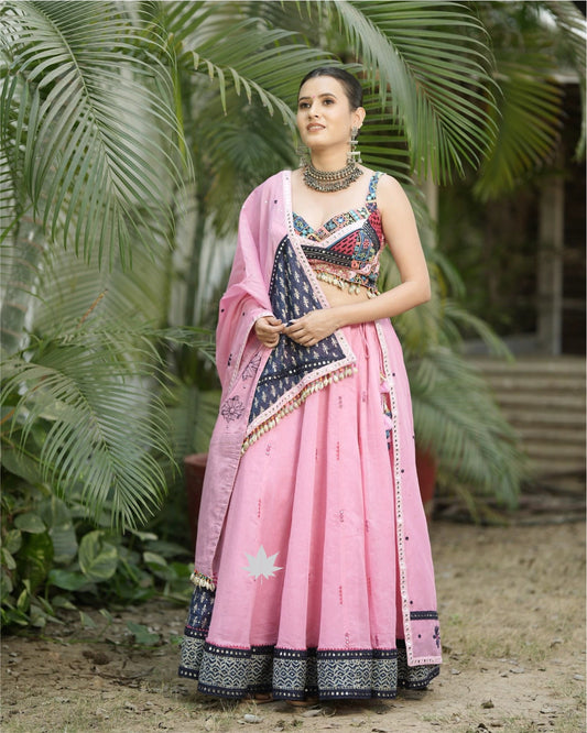 Pink And Blue Chaniya Choli Set With Patch Work Blouse