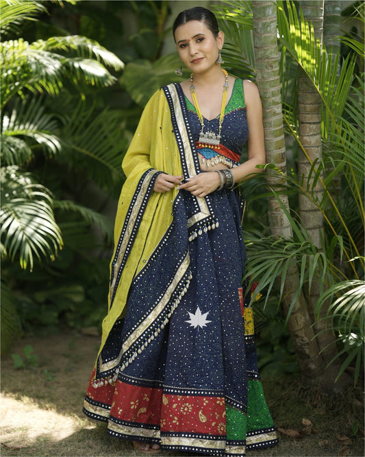 Blue Cotton Chaniya Choli Set With Yellow Dupatta