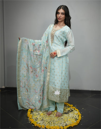 Pastel Blue Banarasi Kurta Set