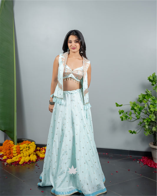 White Mirror Work Chaniya Choli with Jacket
