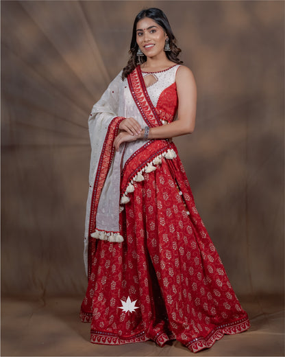 Maroon and White Chaniya Choli with Patchwork