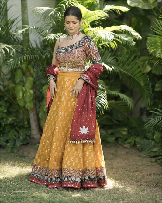Yellow Cotton Chaniya Choli Set With Maroon Dupatta