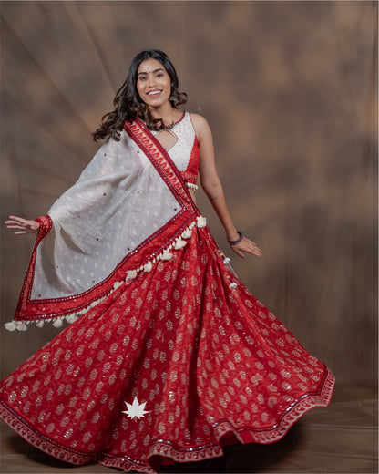 Maroon and White Chaniya Choli with Patchwork