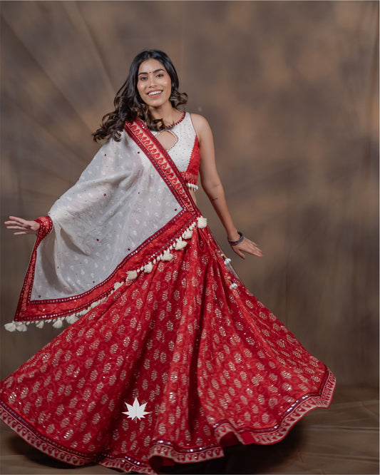 Maroon and White Chaniya Choli with Patchwork
