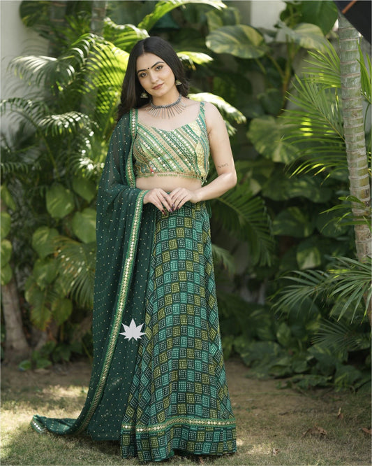 Green Bandhani Chaniya Choli Set With Patchwork Blouse