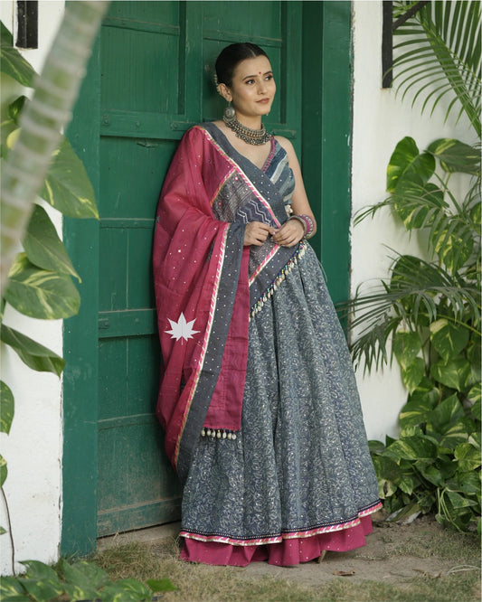 Pink And Grey Chaniya Choli Set