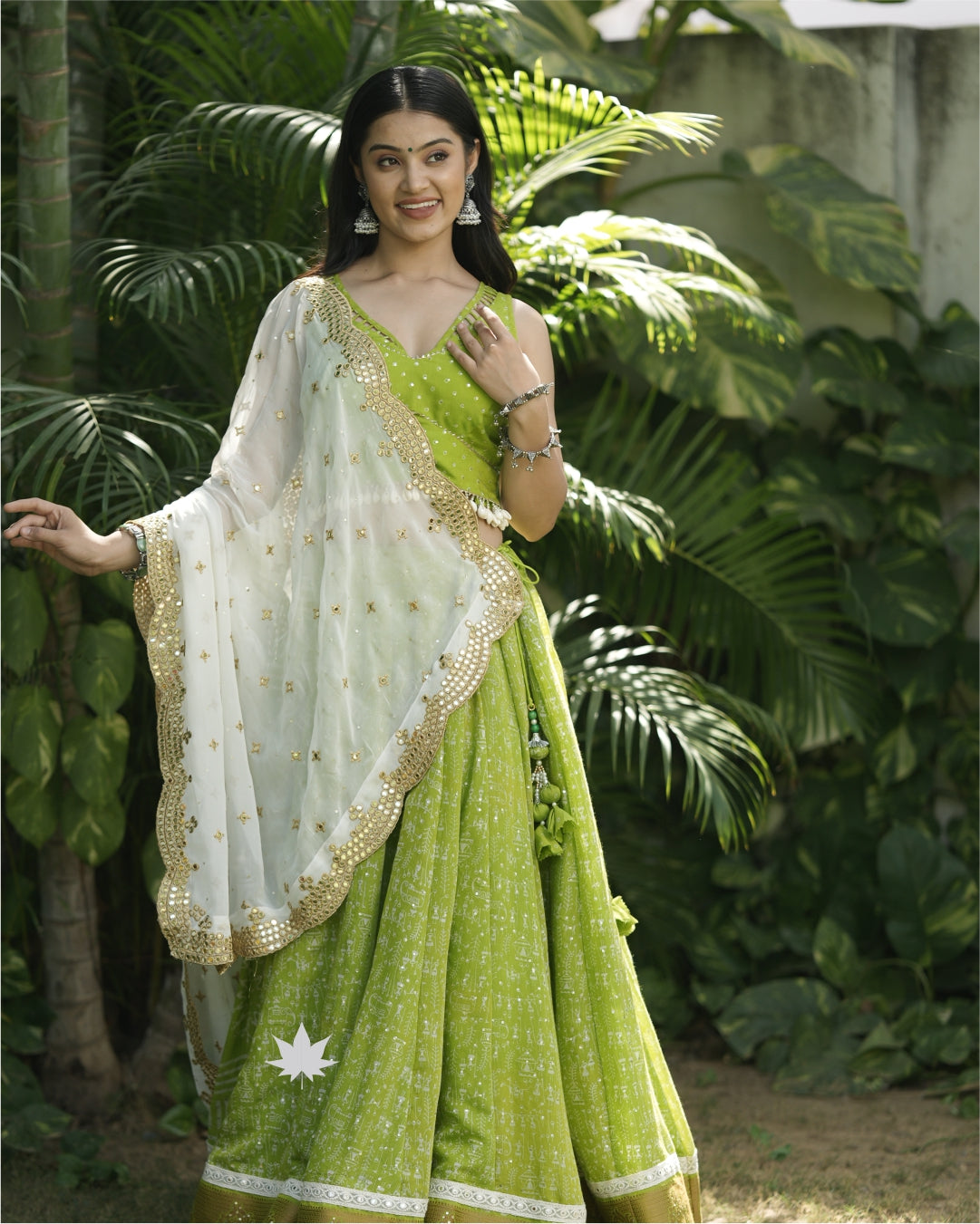 Lime Green Chaniya Choli Set With White Mirrorwork Dupatta