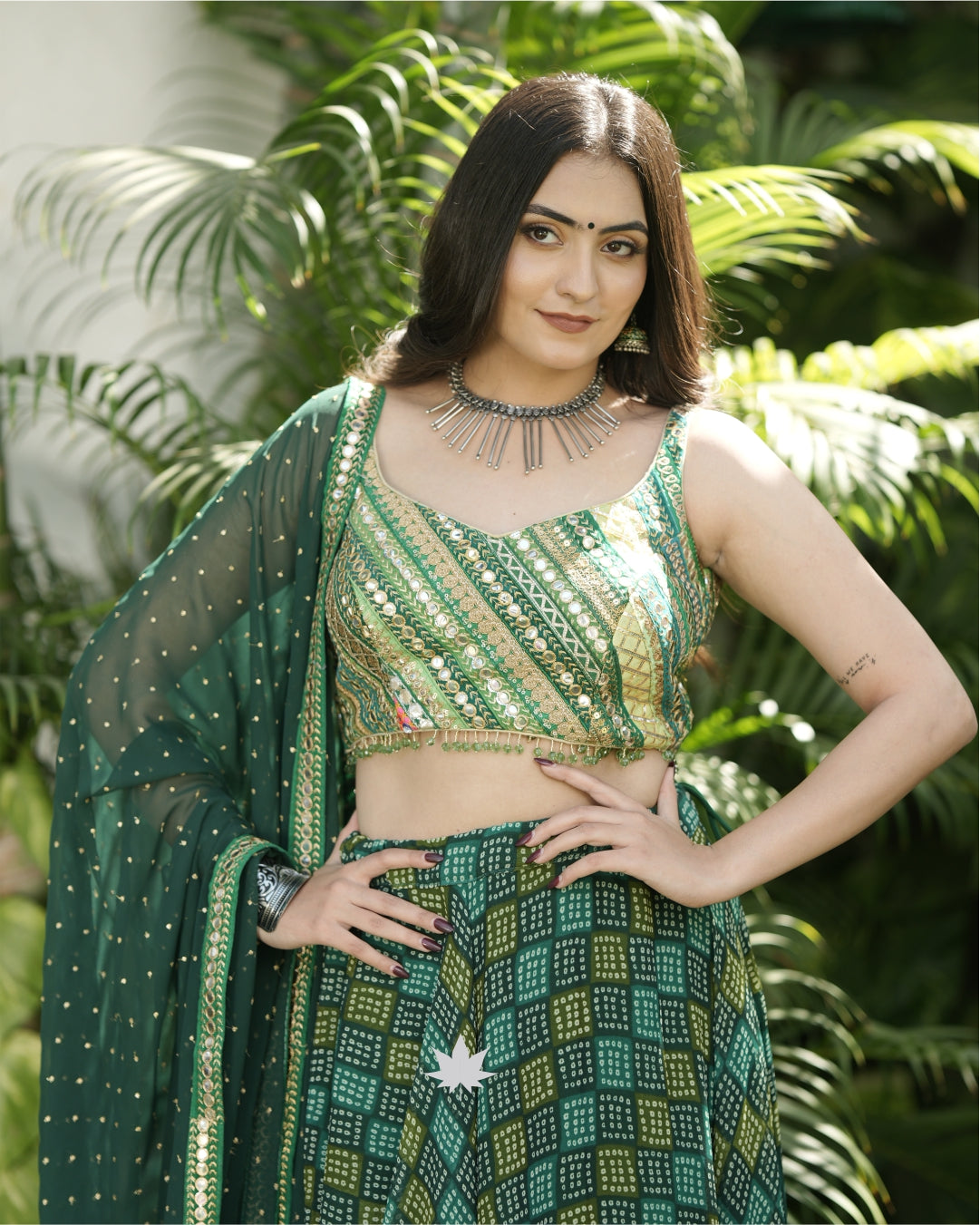 Green Bandhani Chaniya Choli Set With Patchwork Blouse