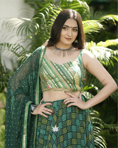Green Bandhani Chaniya Choli Set With Patchwork Blouse