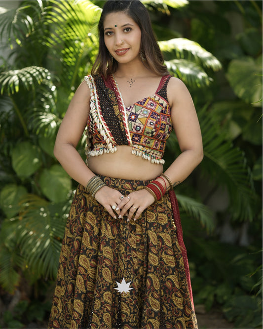 Mustard Black Cotton Chaniya Choli Set With Gamthi Work Blouse