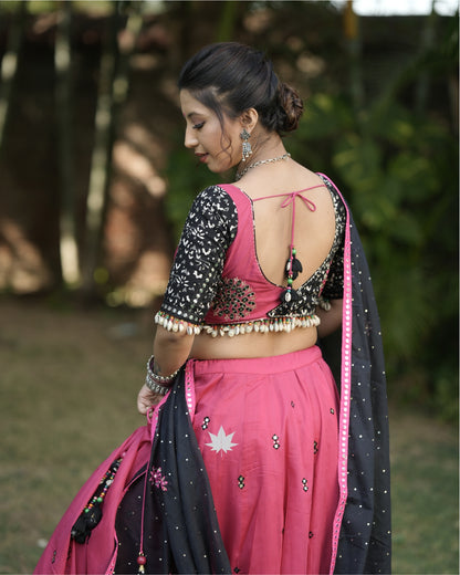 Black And Pink Chaniya Choli Set With  Mirror Work