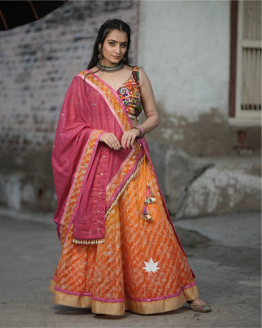 Orange And Pink Chaniya Choli Set With Gamthi Work Blouse