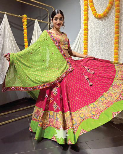 Pink And Green Chaniya With Matching Blouse And Green Dupatta Set