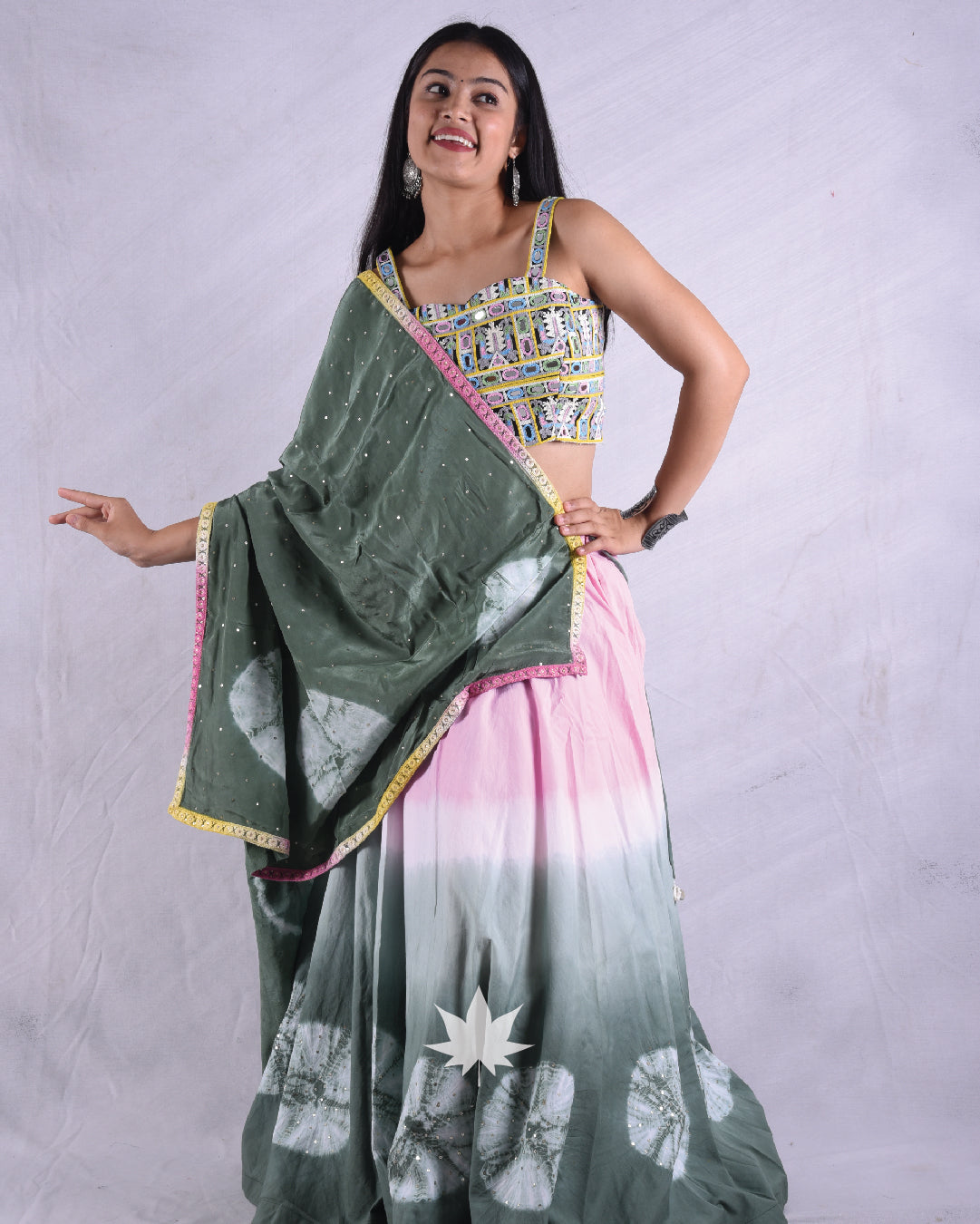 Green And Pink Tie Dye Chaniya Choli Set