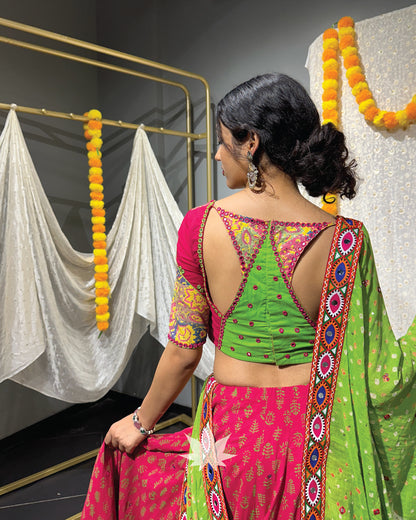 Pink And Green Chaniya With Matching Blouse And Green Dupatta Set