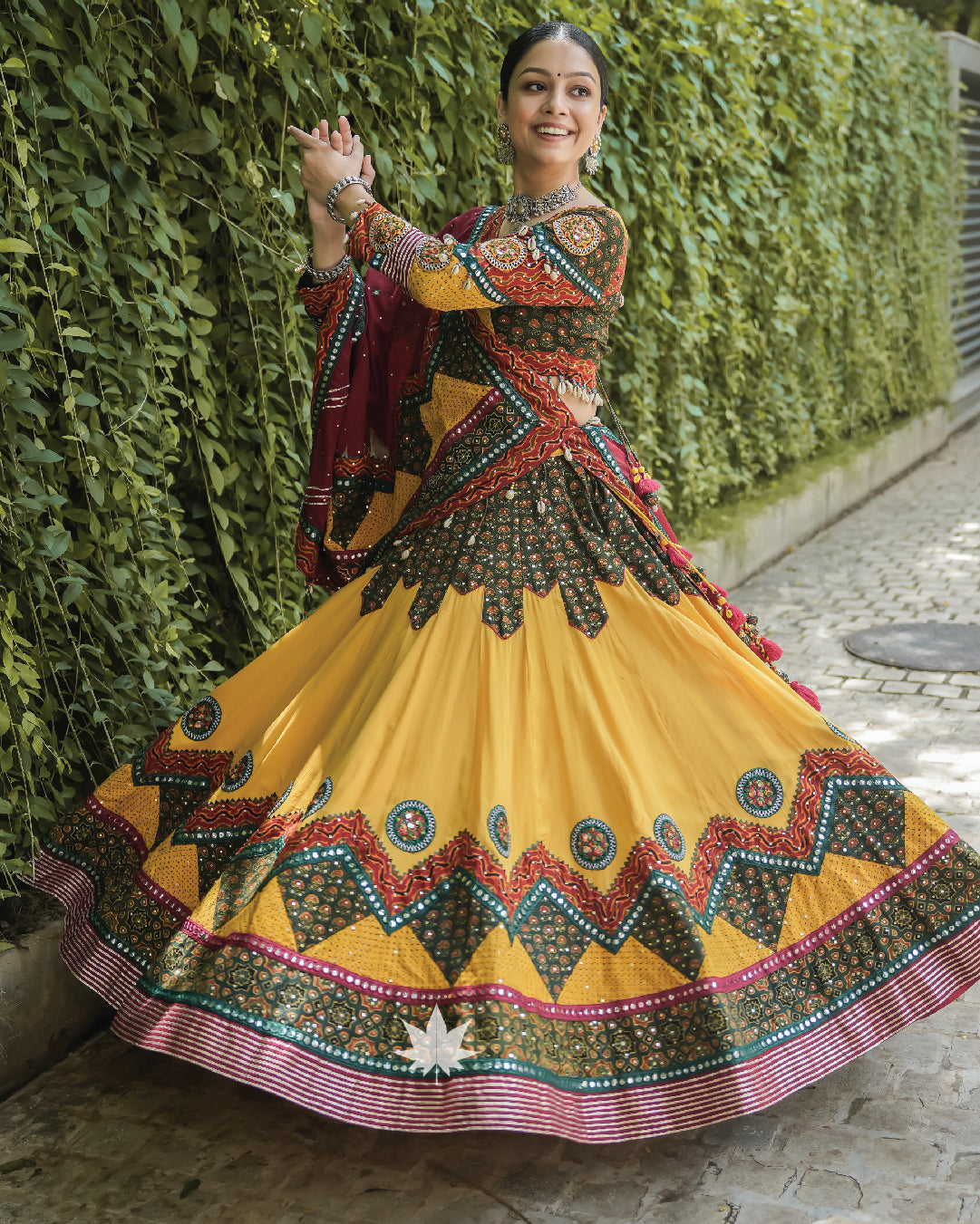 Mustard and maroon Gamthi chaniya choli set