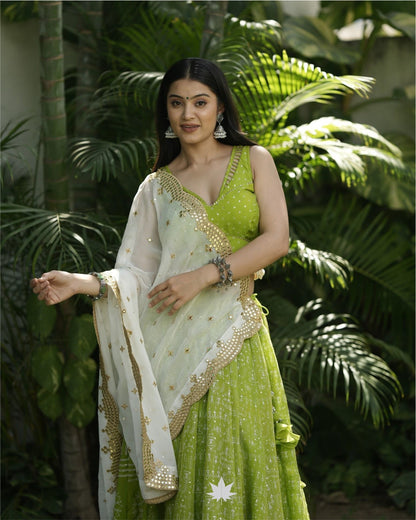 Lime Green Chaniya Choli Set With White Mirrorwork Dupatta
