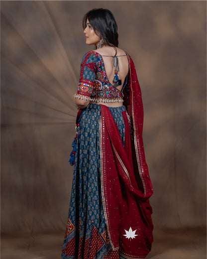 Blue and Red Chaniya Choli with Printed Patchwork