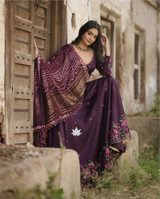 Wine Purple Chaniya Choli Set With Bandhai  Dupatta