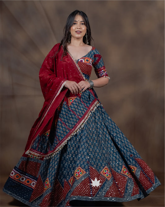 Blue and Red Chaniya Choli with Printed Patchwork