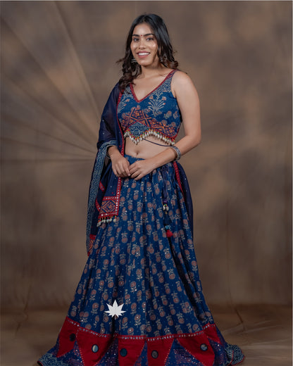 Blue Printed Chaniya Choli with Embroidered Dupatta