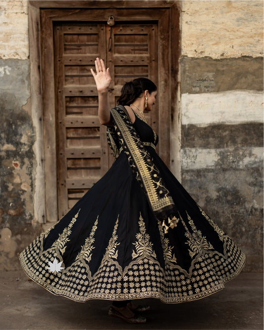 Black Jewel of Jahan – Midnight Black Anarkali with Organza Dupatta