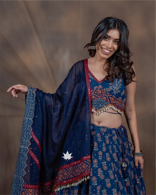 Blue Printed Chaniya Choli with Embroidered Dupatta