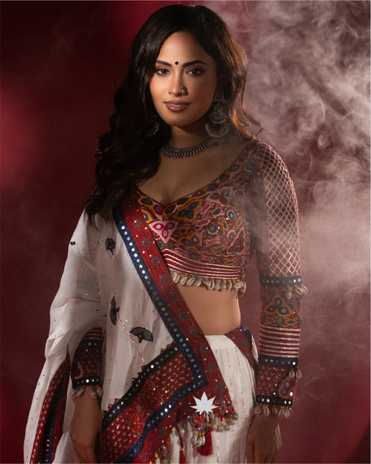 Maroon & White Gamthi Work Cotton Chaniya Choli”