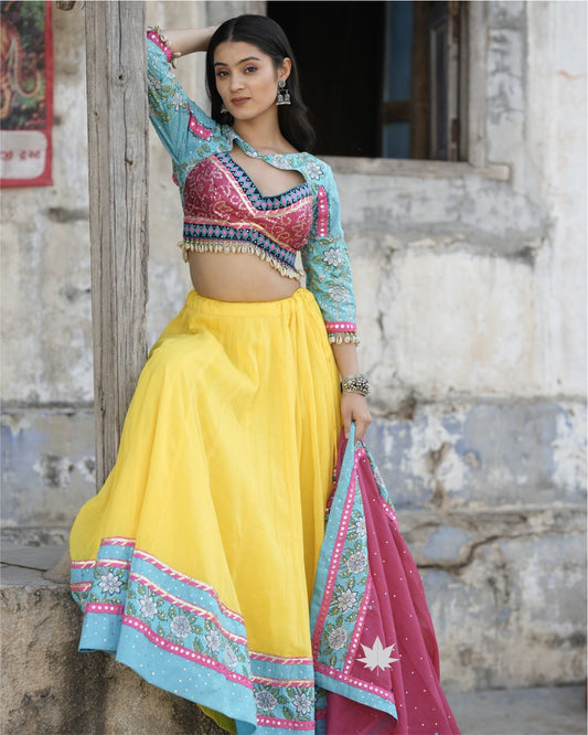 Yellow And Pink Cotton Chaniya Choli Set