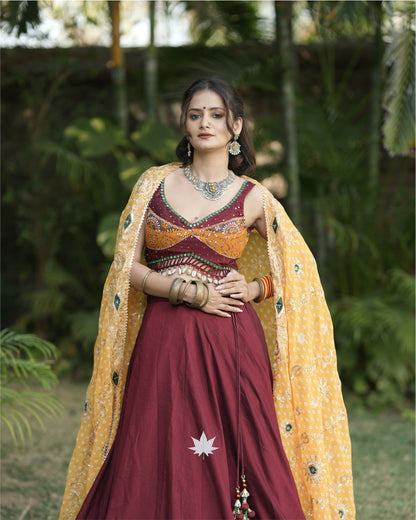 Maroon Cotton Chaniya Choli With Yellow Bandhani Dupatta