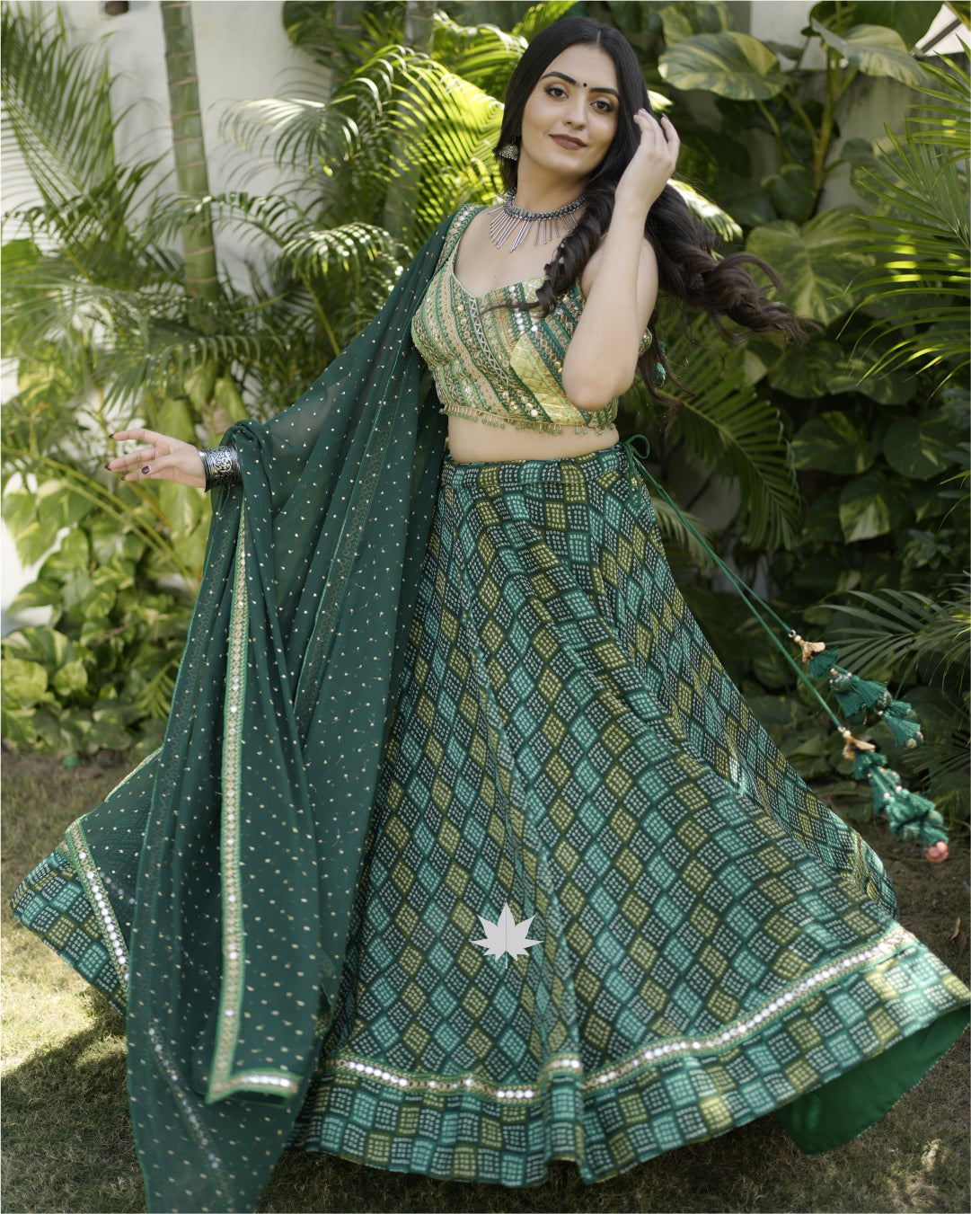 Green Bandhani Chaniya Choli Set With Patchwork Blouse