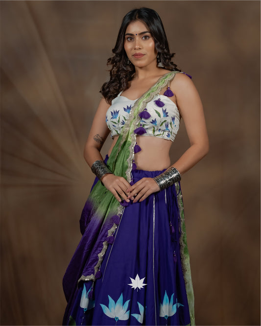 Avani White & Purple Hand-Painted Floral Chaniya Choli