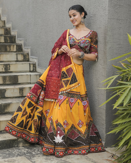 Mustard Gamthi chaniya with red dupatta set